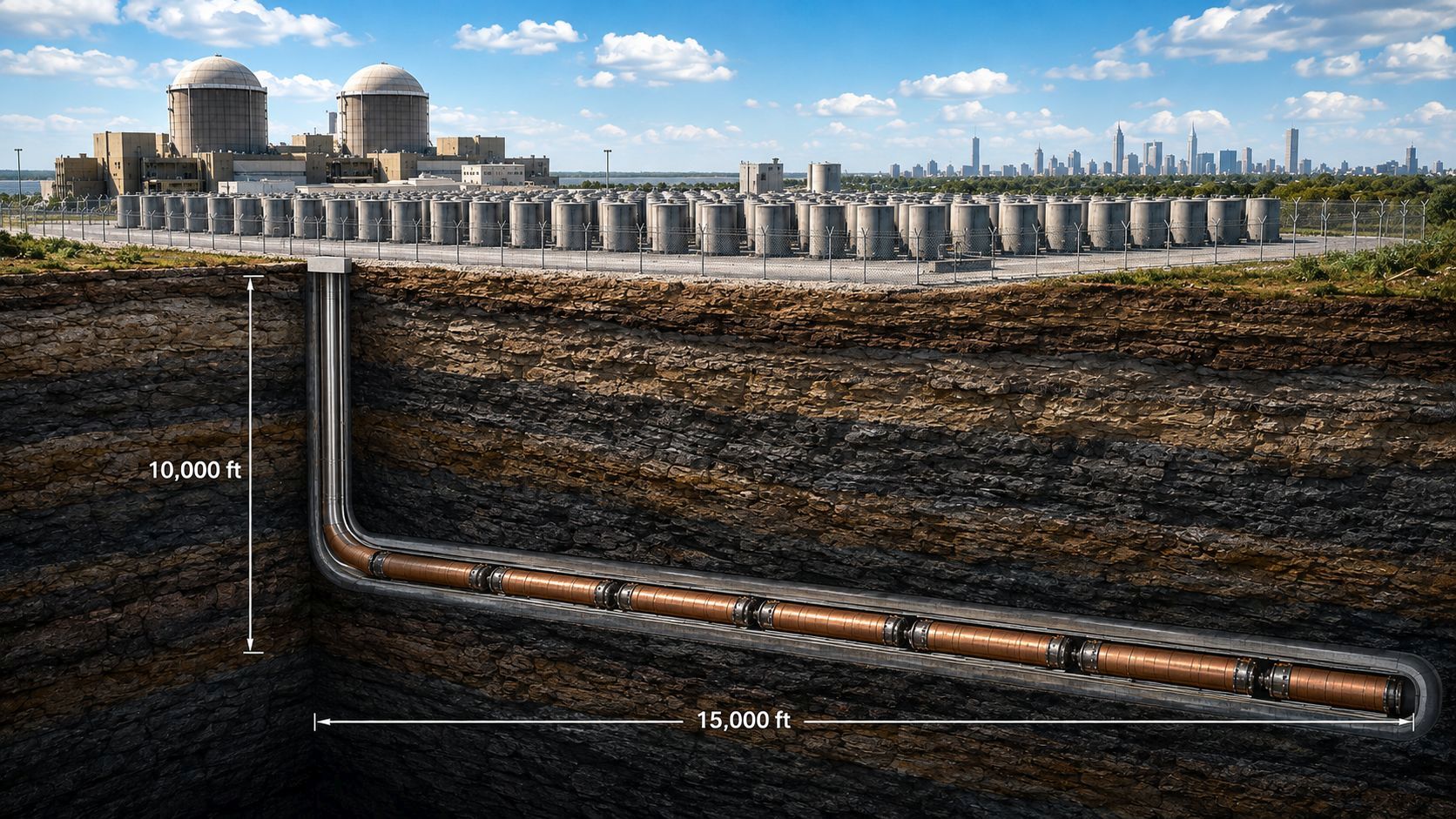 Complete NuclearSAFE SuperLAT concept showing a nuclear power plant, surface spent-fuel storage, a 10,000-foot vertical wellbore and a 15,000-foot horizontal repository containing copper capsules