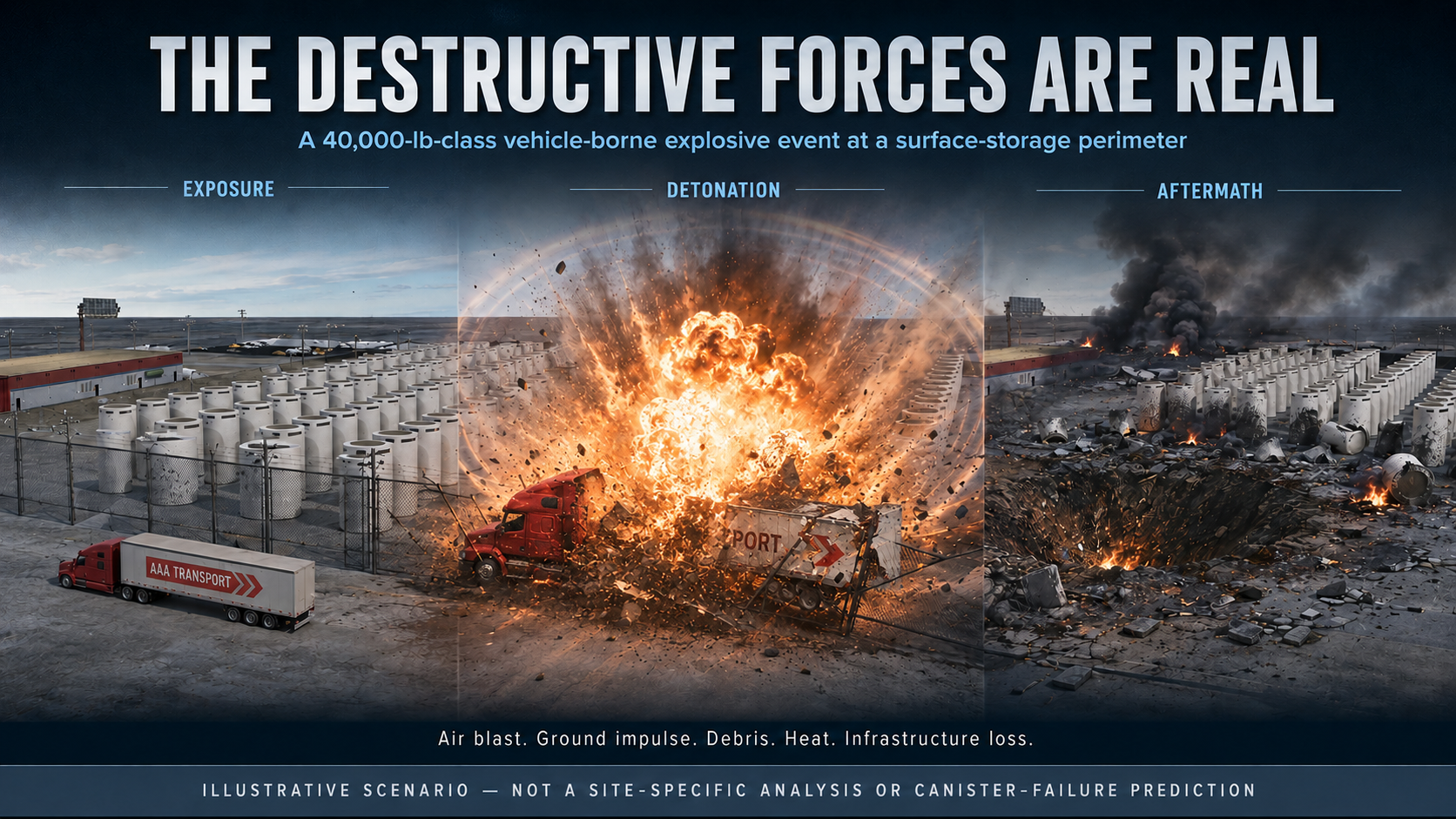 Illustrative scenario showing severe destructive forces at a surface spent-fuel storage installation before, during and after a major vehicle-borne explosive event