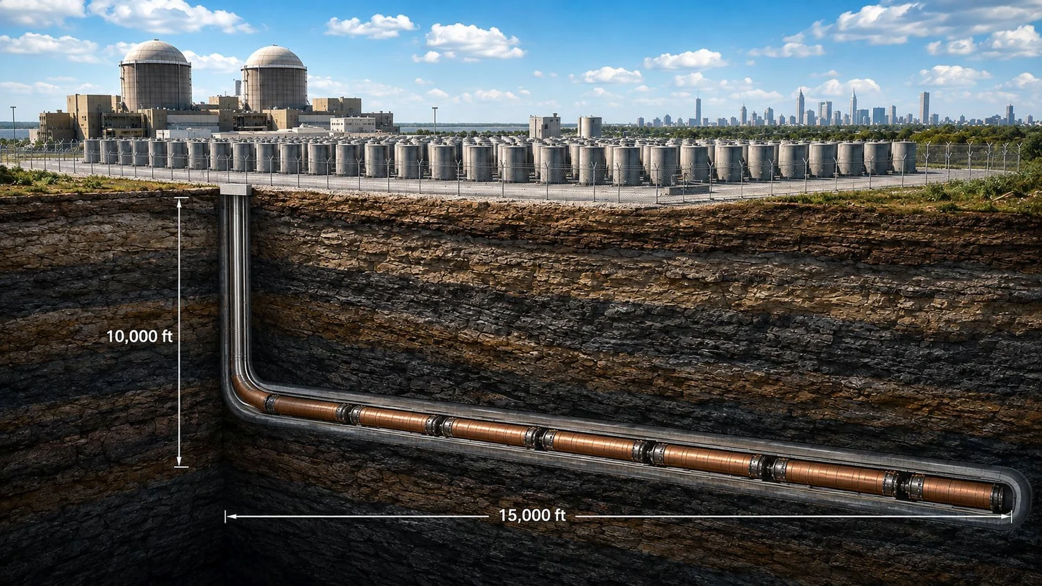NuclearSAFE SuperLAT concept showing a nuclear plant, surface spent fuel storage and deep horizontal disposal